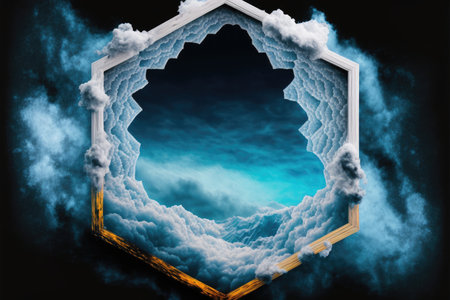 Frame made with white cloud in the sky in hexagon shape. Concept of fantasy luxurious window. Finest generative AI.の素材