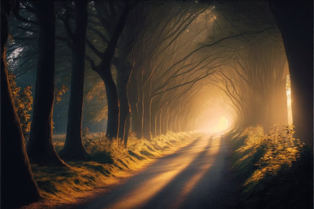 Walking space or trails along the forest with shining brightly sunlight. Abstract in the mysterious wideness with nature. Finest generative AI.の素材