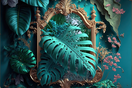 Rococo designed oval decoration with exotic jungle and tropical plant. Foliage and greenery in renaissance style garden covered decorative object. Superb Generative AIの素材