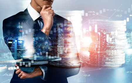 Businessman analyst working with digital finance business data graph showing technology of investment strategy for perceptive financial business decision. Digital economic analysis technology concept.の写真素材