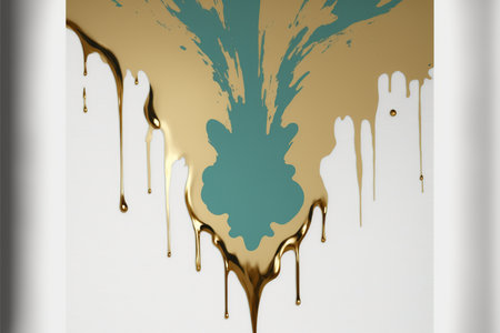 Contemporary abstract art in teal and golden color with symmetric shape design for room interior decoration. Digital painting with beautiful modernism artwork on canvas. Superb Generative AIの素材