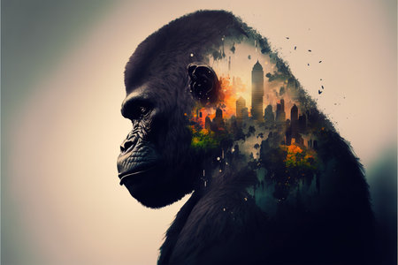Male gorilla with powerful shoulder and strength with calmly look, large monkey in double exposure with jungle of africa as concept of animal art. Superb Generative AI.の素材