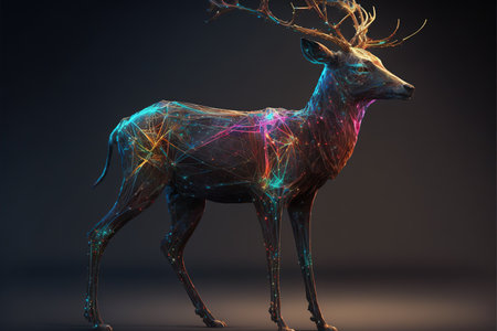 Dear with iridescent prism texture and intricate polygon pattern design. Creative abstract wild life animal in digital wireframe concept. Superb Generative AIの素材