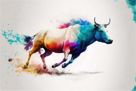 Vibrant watercolor painting showcase abstract art of vivid colorful texture fighting bull in running pose. Contemporary artwork with creative animal design. Superb Generative AIの素材