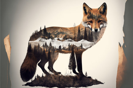 Contemporary abstract artwork double exposure of red fox and forest landscape design, concept of animal and natural wilderness adventure. Superb Generative AI.の素材