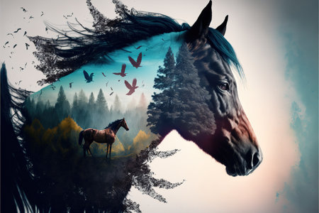 Horse with double exposure with natural forest landscape background as concept of animal in natural adventure in the wilderness with animal artwork. Superb Generative AI.の素材