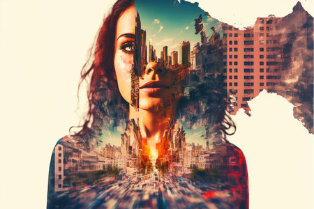 Modern abstract digital artwork in double exposure woman and cityscape background for fast-paced city lifestyle and need for clear state of mind in busy world concept. Superb Generative AI.の素材
