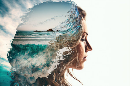 Double exposure image woman portrait with peaceful ocean sea wave, natural background for state of calm mind and psychological concept. Meditative and healthy mental abstract art. Superb Generative AIの素材