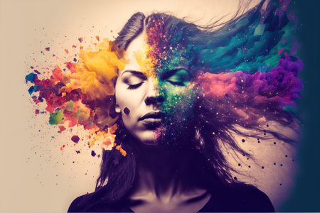 Woman with powerful vivid powder explosion on her head as symbol for inner stress and negative though for intense emotion mental health in modern abstract art design. Superb Generative AI.の素材