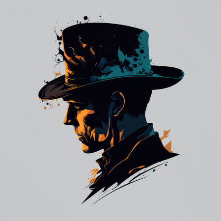 Designed graphic traditional in wearing hat man. Concept of smart trendy dramatic western characteristic profile isolated on plain background. Finest generative AI.の素材