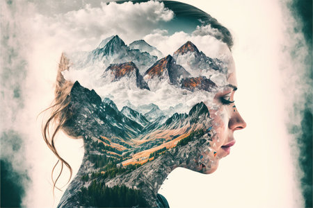 Double exposure woman portrait with cloudscape and mountain range background for sense of peaceful tranquility concept. Meditative natural freshness and mental abstract art. Superb Generative AIの素材