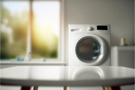 Focus in blur laundry and washing machine background. Concept of blank space for advertising product. Finest generative AI.の素材