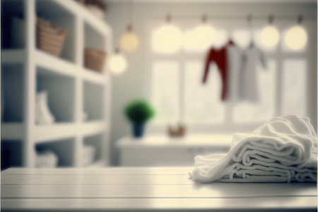 Focus table placing towel in blur laundry and washing machine background. Concept of blank space for advertising product. Finest generative AI.の素材