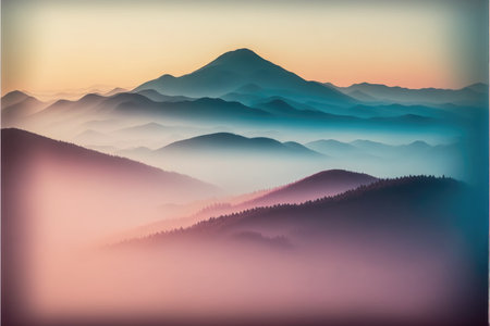 Abstract of colorful mountains in the sun light of dawn or dusk environment. Concept of beautiful pastel misty and fog background in the forest landscape. Finest generative AI.の素材