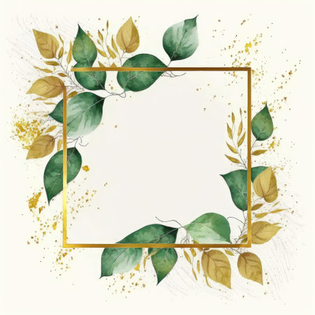 Square frame of green and golden leaves with watercolor painting isolated on white background. Theme of vintage minimal art design in geometric. Finest generative AI.の素材