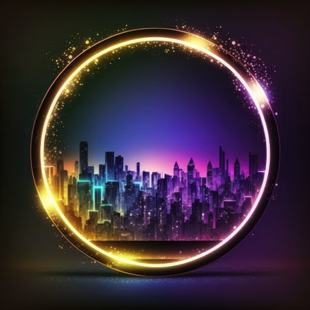Futuristic of neon glowing in circle shape of cityscape. Concept of colorful cyberpunk in building view with digital design. Finest generative AI.の素材