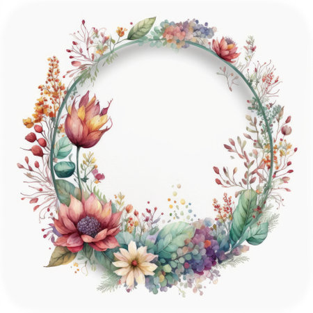 Watercolor pastel colorful floral wreath. Drawing in circle made from dried flowers in circle crown shape concept. Finest generative AI.の素材