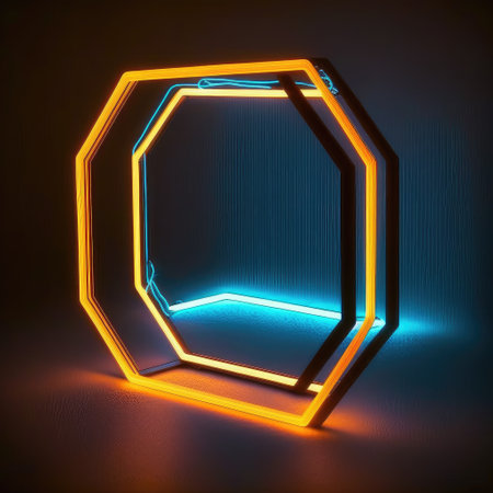 Abstract art in neon spotlight in hexagon frame isolated on black background. Concept of glowing geometric shape at night time. Finest generative AI.の素材