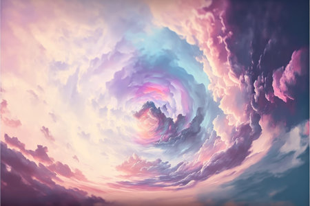 Abstract of sunset mood in the sky with cloudy background. Wallpaper in colorful gradient pastel painting with watercolor shading technique. Finest generative AI.の素材