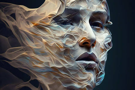 Abstract face of mystic lady glamour artistic mixing of face and fabric cloth showing concept of dream , imagination, spirit and psycology . Admirable Generative AI image .の素材