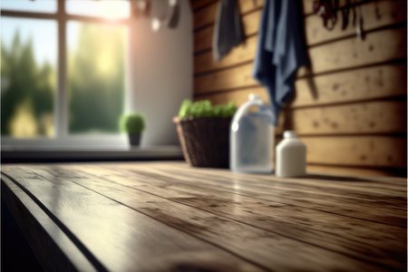 Focus empty wood table in blur laundry and washing machine background. Concept of blank space for advertising product. Finest generative AI.の素材