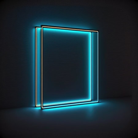 Abstract art in neon spotlight in square frame isolated on black background. Concept of glowing geometric shape at night time. Finest generative AI.の素材