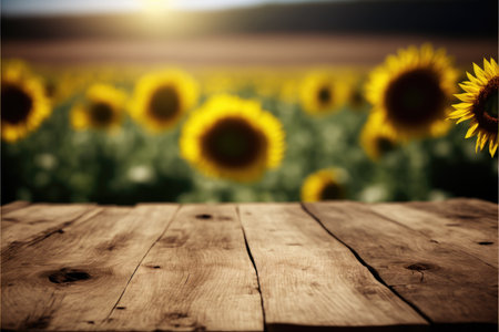 Focus empty wood table with blurred sunflower tree background. Concept of blank space for advertising product. Finest generative AI.の素材