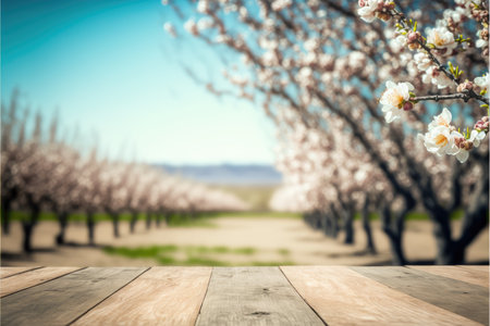 Focus empty wood table in blossom flower with blurred natural tree background. Concept of blank space for advertising product. Finest generative AI.の素材