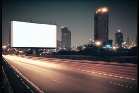 Blank advertising billboard in a large-scale square outdoor highway with white light. Concept of the media with empty screen at night time. Finest generative AI.の素材