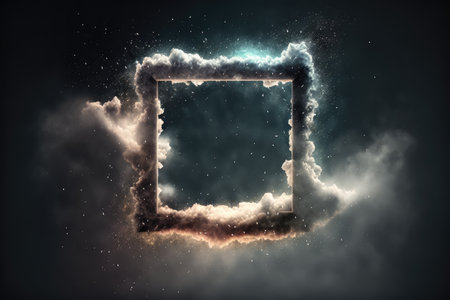 Abstract design of square shape clouds with dying colorful particles exploding. Concept of mystery outer over dark background with glowing light geometric design. Finest generative AI.の素材