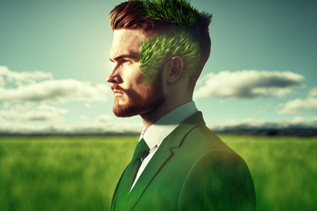 Double exposure portrait of ambitious businessman with wondrous greenery and natural green forest landscape in background as concept of sustainability and natural ecology conservation by Generative AIの素材