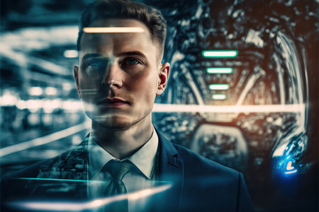 Thoughtful factory supervisor or businessman portrait and wondrous double exposure with industrial production line conveyor process in background. Industrial manufacturing design by Generative AI.の素材