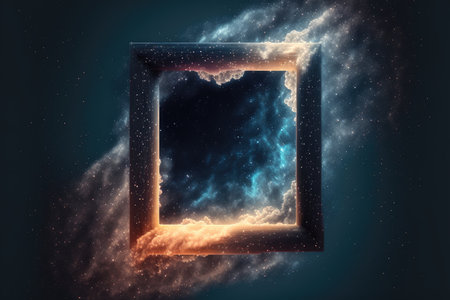 Abstract in glowing neon starlight and particles in square shape. Concept of fantastic sparkle dust with hole frame in nebula space. Finest generative AI.の素材