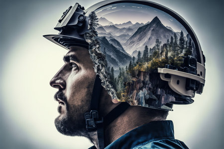 Determined man with hiking helmet and equipments for mountian climbing portrait and wondrous mountain landscape in double exposure. Adventurous and outdoor nature exploration concept by Generative AI.の素材