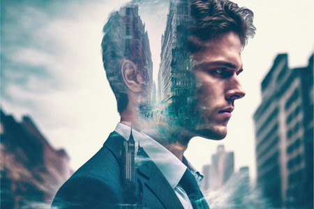 Ambitious businessman portrait plan financial or real estate strategy with wondrous double exposure urban cityscape skyscraper background as concept for commercial district concept by Generative AI.の素材
