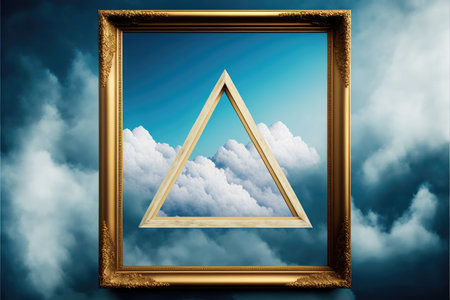 Frame made with covered white cloud in the sky in triangle shape. Concept of luxurious fantasy window. Finest generative AI.の素材