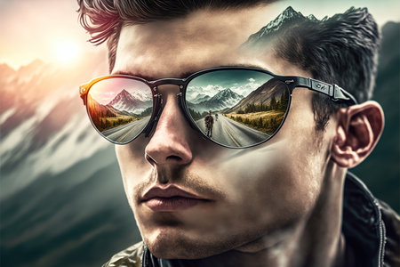Adventure and natural travel in the wondrous mountain landscape and beautiful sky concept portrayed by young man wearing sunglasses with reflection of the nature environment by Generative AI.の素材