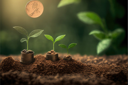 Saving concept by growing plants on coin stack isolated on blur landscape background. Theme of glowing young plant from seed in the forest. Finest generative AI.の素材