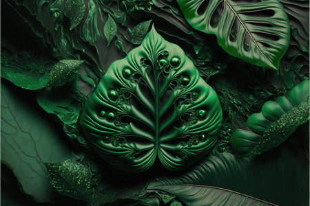 Luxurious green leaf from tropical with fantasy macro texture in glossy rock shape with wondrous fairytale natural leaves background by Generative AI.の素材
