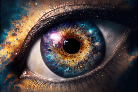 Closeup of macro galaxy in glowing sharp eyesight vision. Concept of outer space in human eye. Finest generative AI.の素材