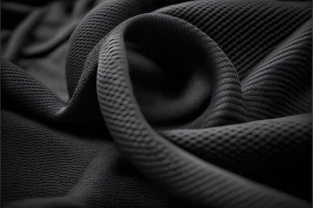 Abstract art of textured black fabric for clothing. Concept of wavy textile material with whole background. Finest generative AI.の素材