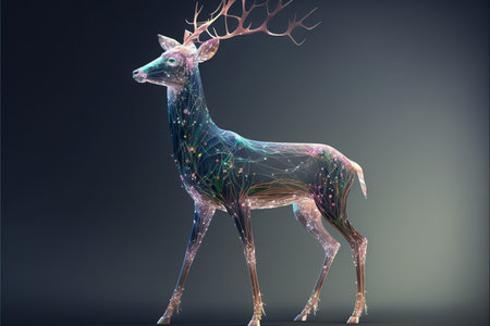 Dear with iridescent prism texture and intricate polygon pattern design. Creative abstract wild life animal in digital wireframe concept. Superb Generative AIの素材
