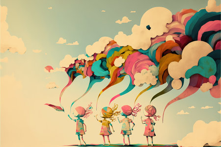 Imagination and artistic ability of children in creative abstract painting with rainbow clouds and sky of. Educational and learning for a child artwork concept. Superb Generative AI.の素材