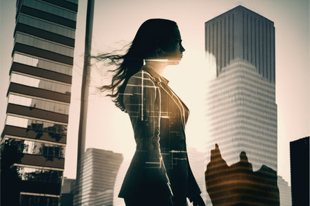 Ambitious businesswoman in black suit-clad profile with background residential city highrise buildings in double exposure, Successful businesspeople with strategic plans. Superb Generative AI.の素材