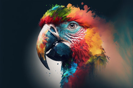 Contemporary abstract artwork double exposure macaw of and forest landscape design, concept of bird and natural wilderness adventure. Superb Generative AI.の素材
