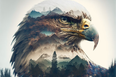 Bird of prey eagle head portrait with sharp eyesight on double exposure with natural landscape with lush forest and mountain scenery showing beauty and majesty of nature. Superb Generative AI.の素材