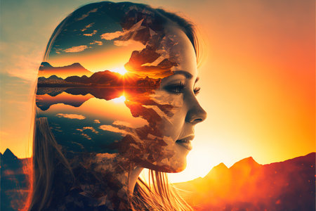Double exposure image woman portrait with the orange sunset for peaceful mind and psychological concept. Meditative and healthy mental therapy abstract art. Superb Generative AIの素材