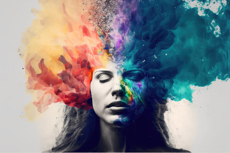 Woman with powerful vivid powder explosion on her head as symbol for inner stress and negative though for intense emotion mental health in modern abstract art design. Superb Generative AI.の素材