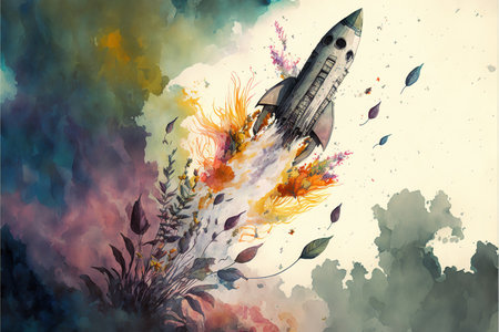 Space rocket takeoff and launch up into sky as creative concept for business startup symbolizing idea of company skyrocketing for start a success company. Superb Generative AIの素材