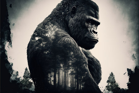 Male gorilla with powerful shoulder and strength with calmly look, large monkey in double exposure with jungle of africa as concept of animal art. Superb Generative AI.の素材